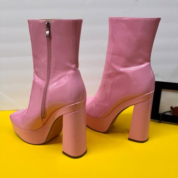 Pink Patent Leather Platform Boots Square Toe Block Heel Mid Calf Side Zip Shoes - Picture 3 of 10